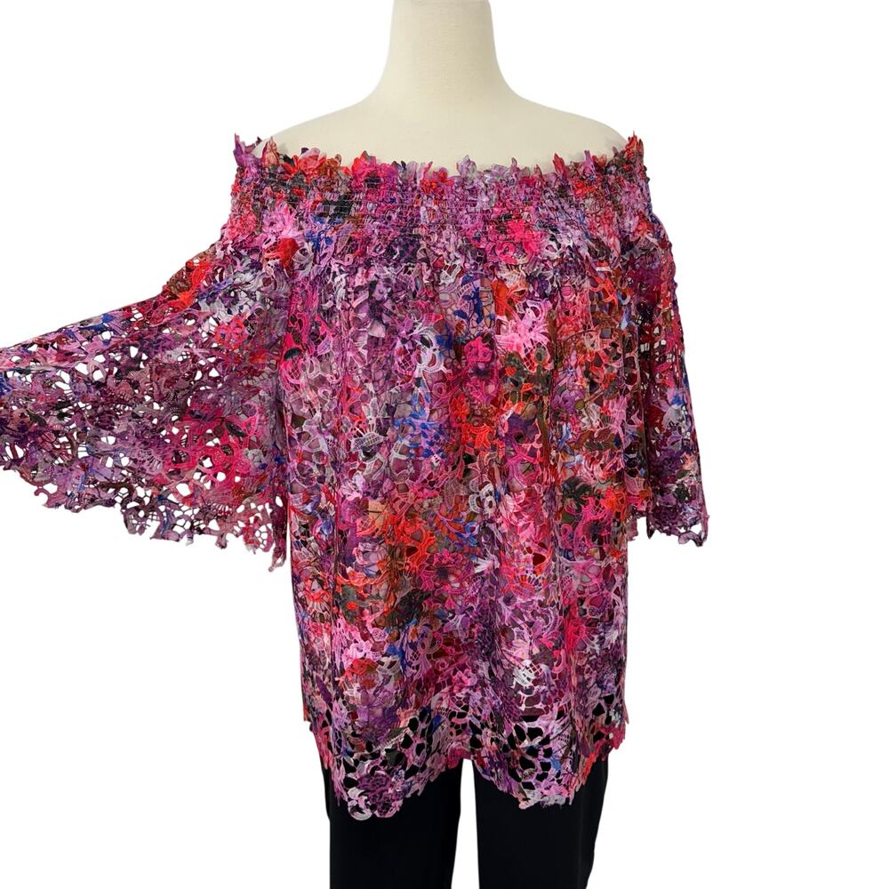 Elie Tahari Diana Blouse Off-The-Shoulder Top Lace Overlay Electric Amethyst L